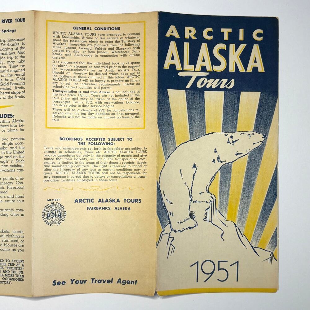 Vintage 1951 Arctic Alaska Tours Brochure Fairbanks Travel Agent Ephemera w/ Map - Picture 2 of 7